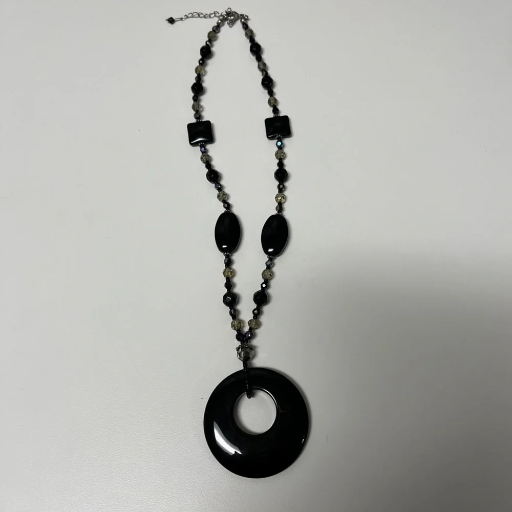 Black Hematite Circle Pendant With Black And Clear Beads Necklace.